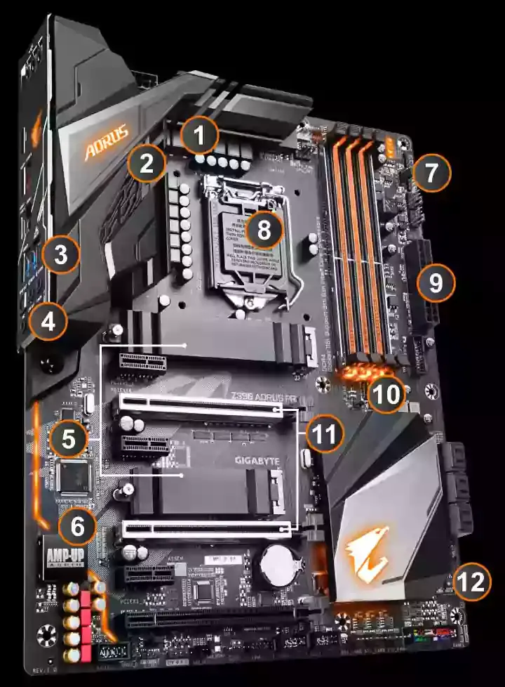 GIGABYTE Z390 AORUS Pro motherboard showing M.2 slots and RAM slots