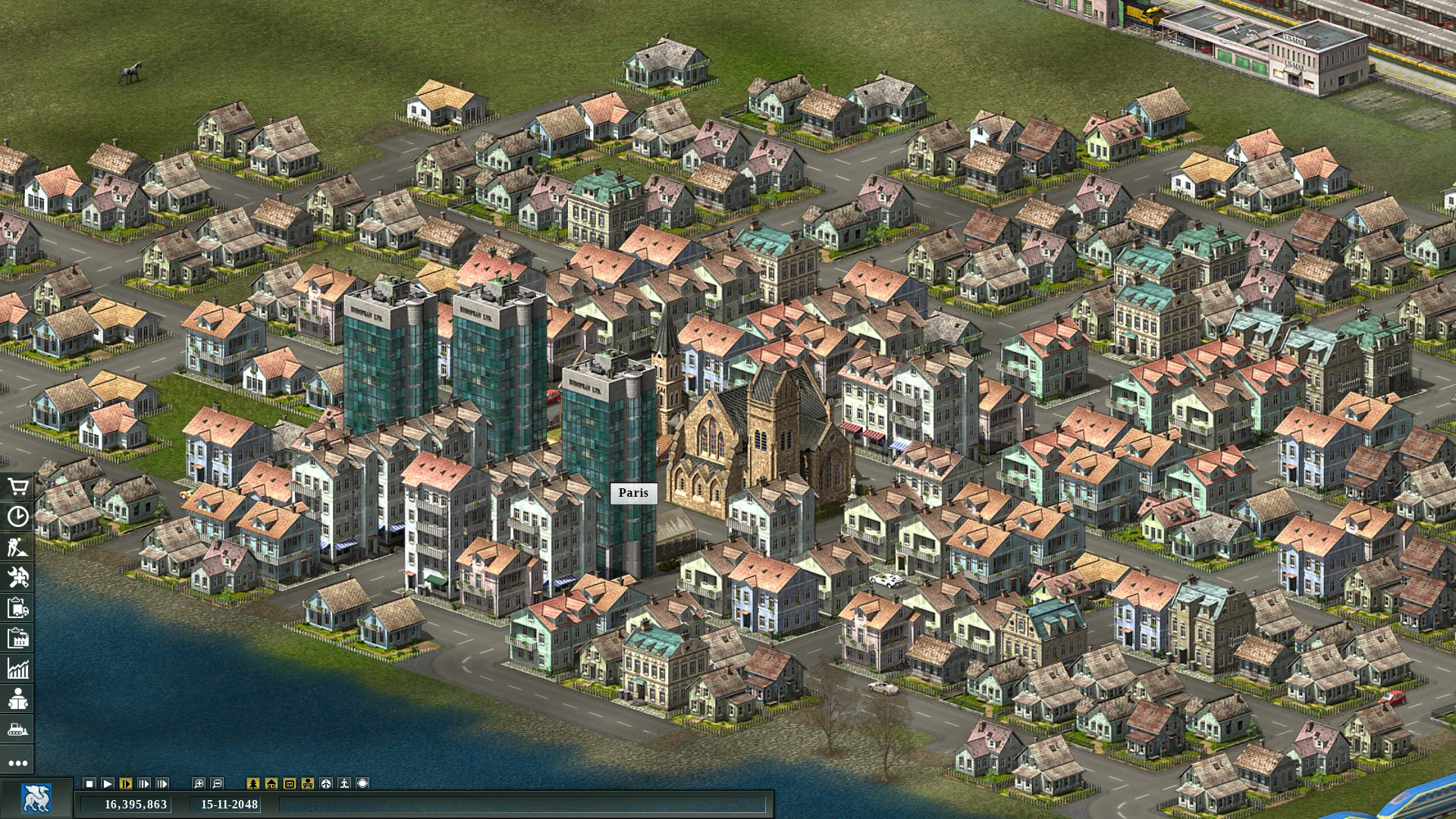 Gameplay screenshot of Transport Giant showing trains and infrastructure